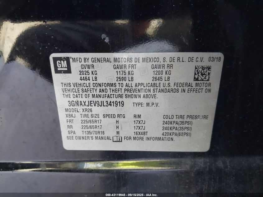 2018 Chevrolet Equinox Lt VIN: 3GNAXJEV9JL341919 Lot: 43119945