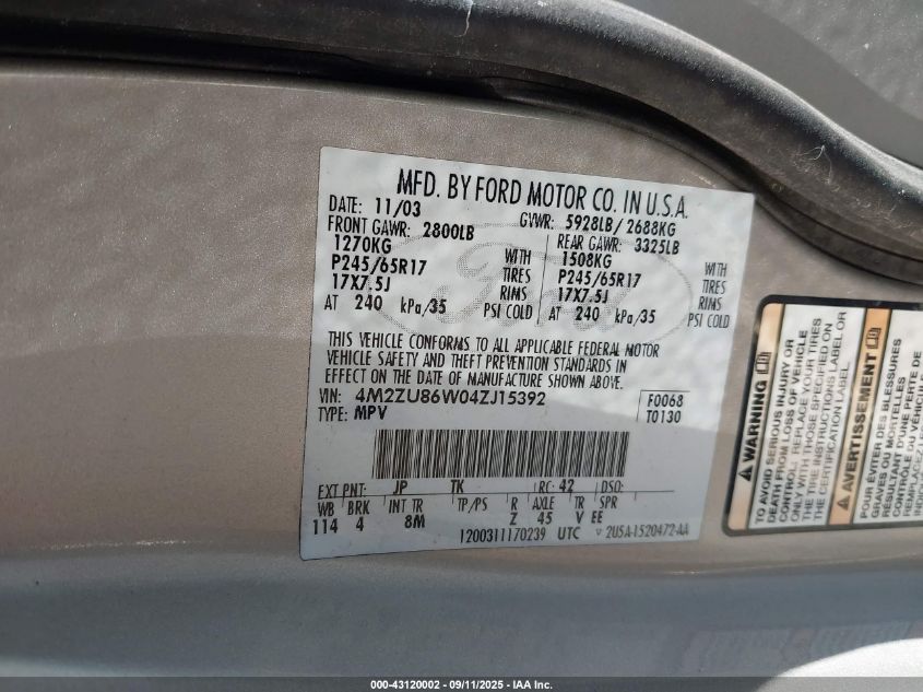 2004 Mercury Mountaineer VIN: 4M2ZU86W04ZJ15392 Lot: 43120002