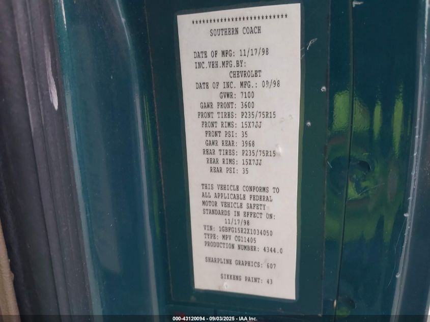 1999 Chevrolet Express VIN: 1GBFG15R2X1034050 Lot: 43120094