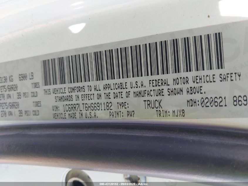 2017 Ram 1500 Lone Star 4X4 5'7 Box VIN: 1C6RR7LT6HS691182 Lot: 43120152