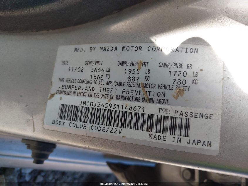 2003 Mazda Protege5 VIN: JM1BJ245931148671 Lot: 43120153