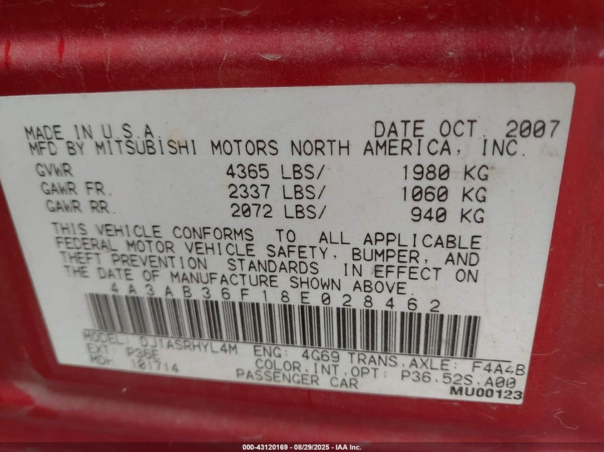 2008 Mitsubishi Galant Es VIN: 4A3AB36F18E028462 Lot: 43120169