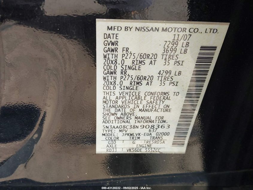 2008 Infiniti Qx56 VIN: 5N3AA08C38N908363 Lot: 43120222