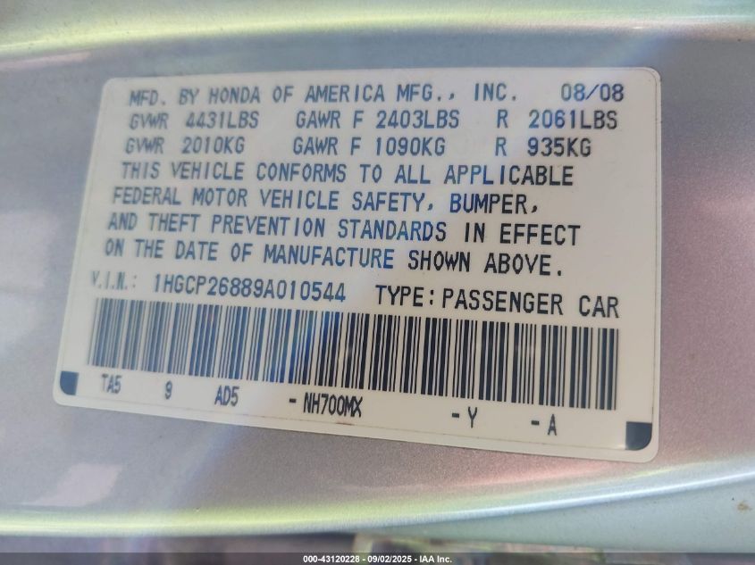 2009 Honda Accord 2.4 Ex-L VIN: 1HGCP26889A010544 Lot: 43120228