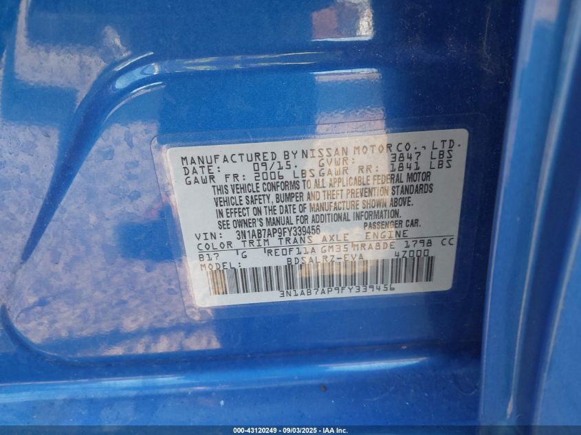 2015 Nissan Sentra Sr VIN: 3N1AB7AP9FY339456 Lot: 43120249