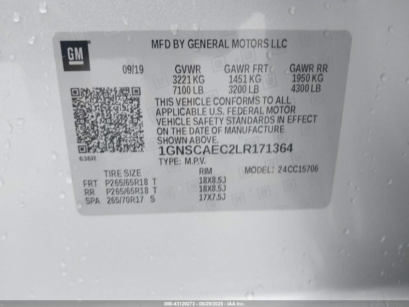 2020 Chevrolet Tahoe 2Wd Ls VIN: 1GNSCAEC2LR171364 Lot: 43120273