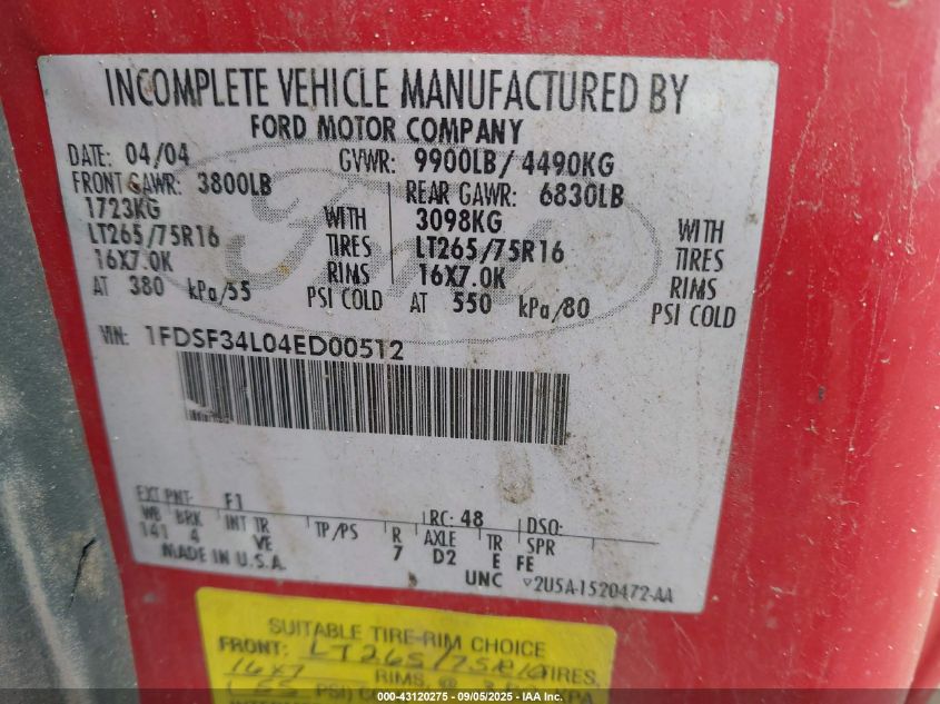 2004 Ford F-350 Xl/Xlt VIN: 1FDSF34L04ED00512 Lot: 43120275