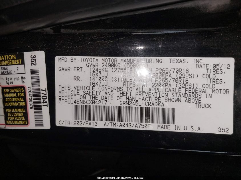 2012 Toyota Tacoma Base V6 VIN: 5TFUU4EN8CX042171 Lot: 43120319