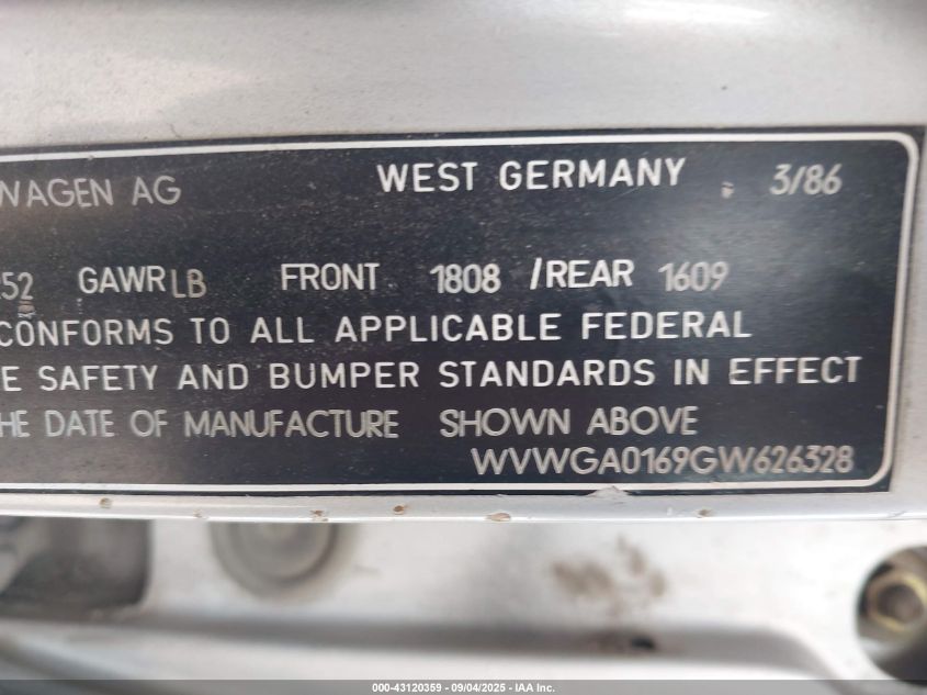 1986 Volkswagen Jetta Deluxe VIN: WVWGA0169GW626328 Lot: 43120359