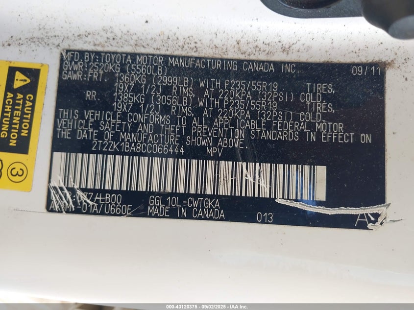 2012 Lexus Rx 350 VIN: 2T2ZK1BA8CC066444 Lot: 43120375