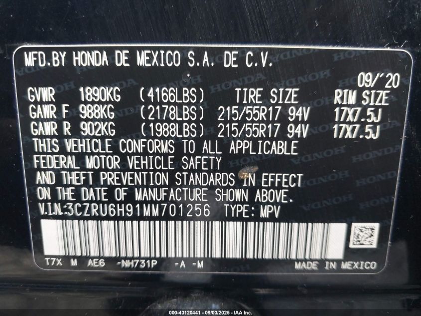 2021 Honda Hr-V Awd Touring VIN: 3CZRU6H91MM701256 Lot: 43120441