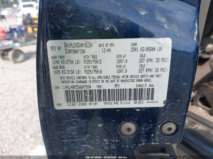 2005 Jeep Liberty Sport VIN: 1J4GL48K55W607934 Lot: 43120583