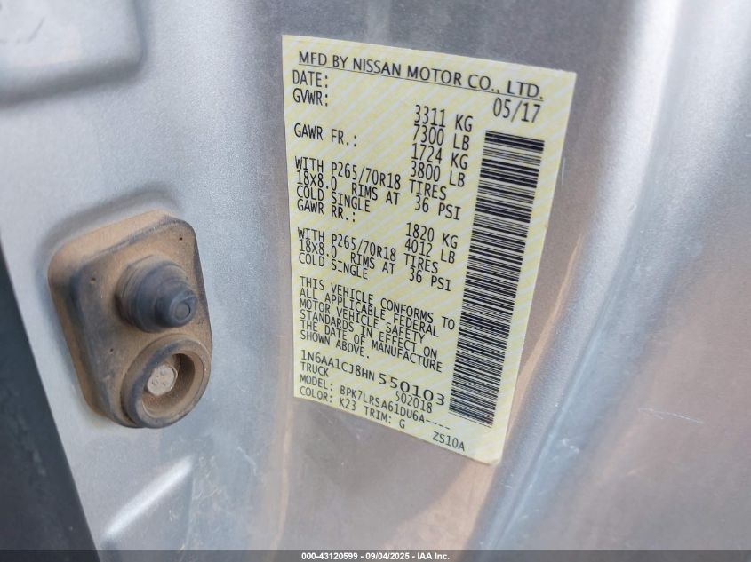2017 Nissan Titan S VIN: 1N6AA1CJ8HN550103 Lot: 43120599