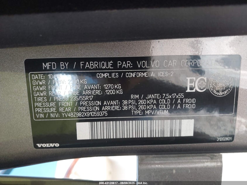 2009 Volvo Xc70 3.2 VIN: YV4BZ982X91059375 Lot: 43120617