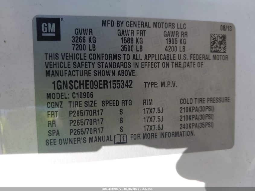 2014 Chevrolet Suburban 1500 Ls VIN: 1GNSCHE09ER155342 Lot: 43120677