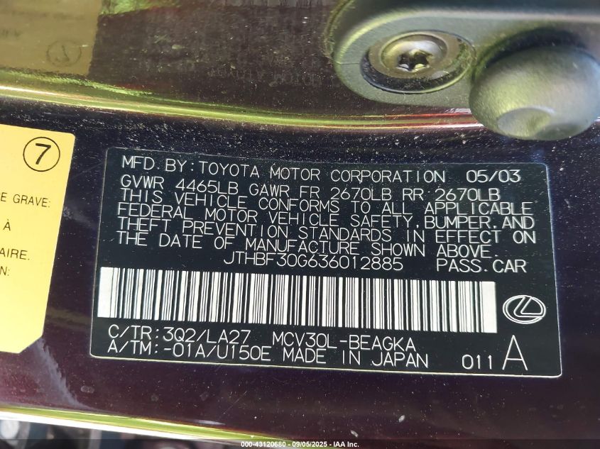 2003 Lexus Es 300 VIN: JTHBF30G636012885 Lot: 43120680