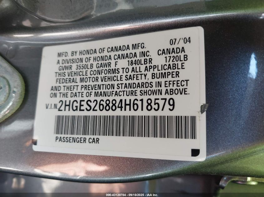 2004 Honda Civic Ex VIN: 2HGES26884H618579 Lot: 43120784