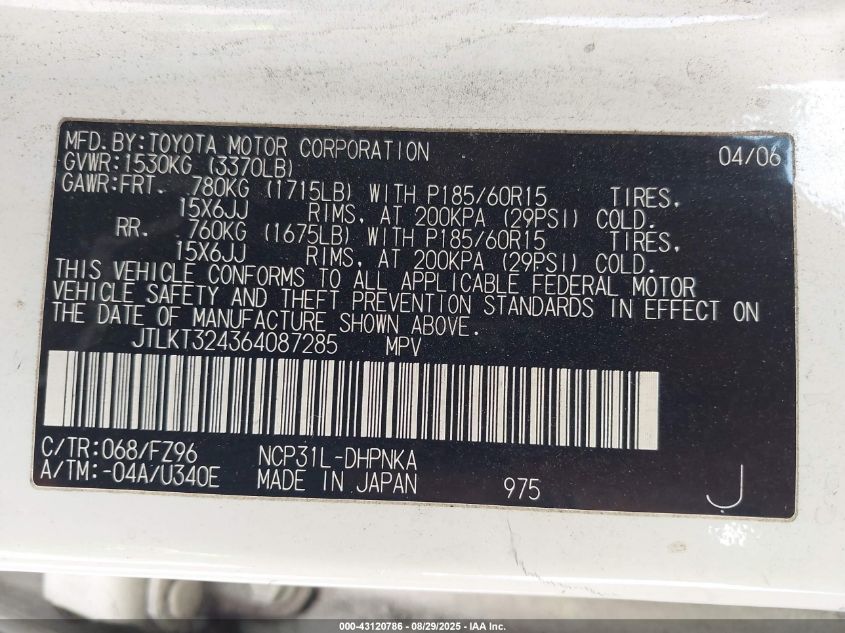 2006 Scion Xb VIN: JTLKT324364087285 Lot: 43120786