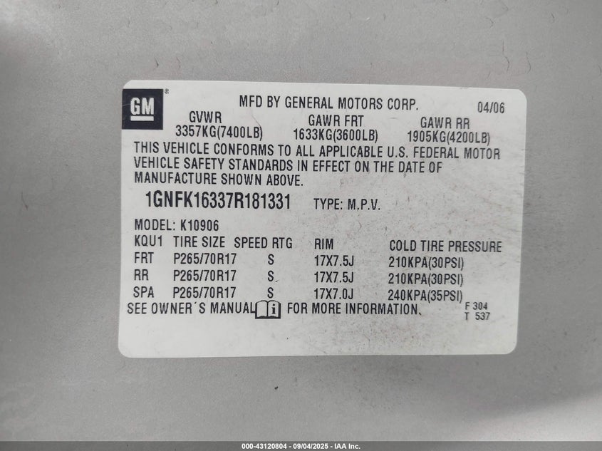 2007 Chevrolet Suburban 1500 Lt VIN: 1GNFK16337R181331 Lot: 43120804