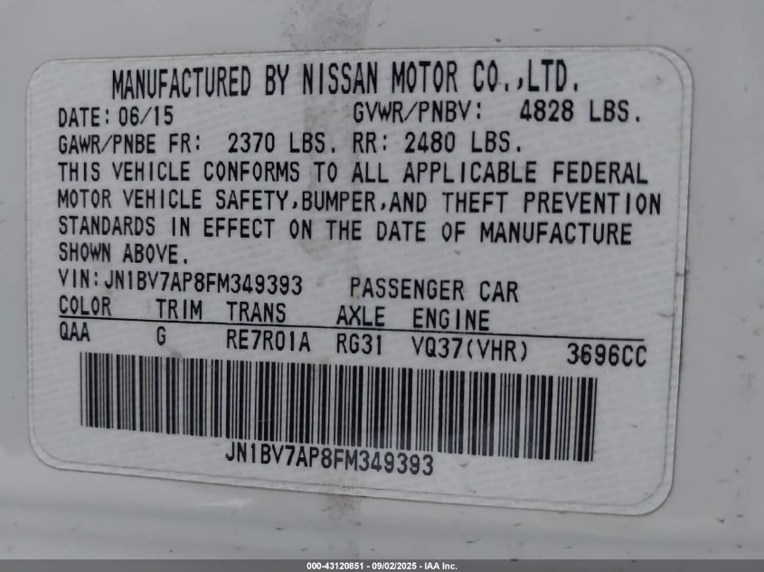 2015 Infiniti Q50 VIN: JN1BV7AP8FM349393 Lot: 43120851