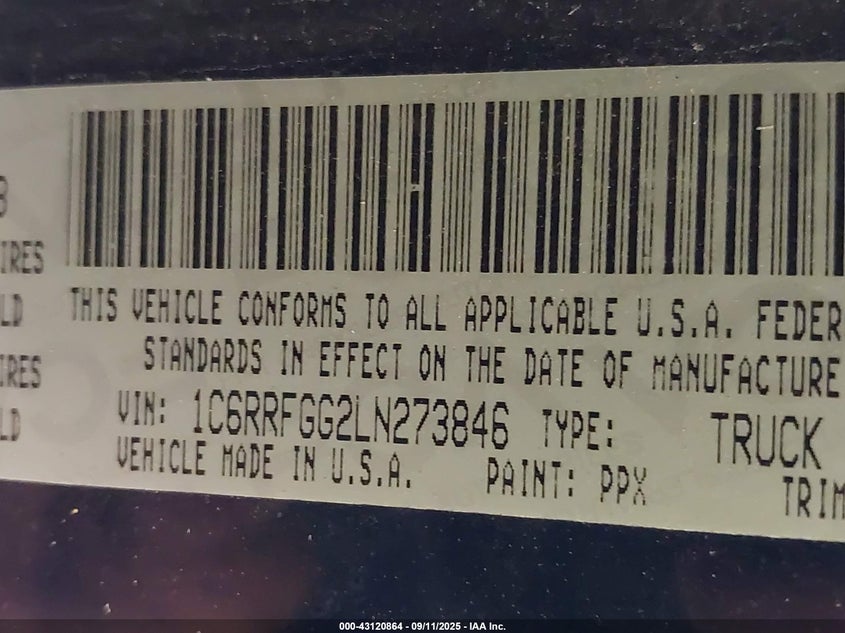 2020 Ram 1500 Tradesman 4X4 5'7 Box VIN: 1C6RRFGG2LN273846 Lot: 43120864