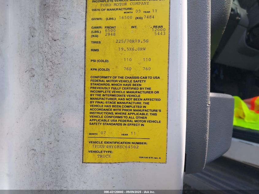 2011 Ford F-450 Chassis Xl VIN: 1FDUF4HY0BEC64502 Lot: 43120880