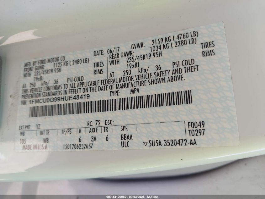 2017 Ford Escape Se VIN: 1FMCU0G99HUE48419 Lot: 43120960