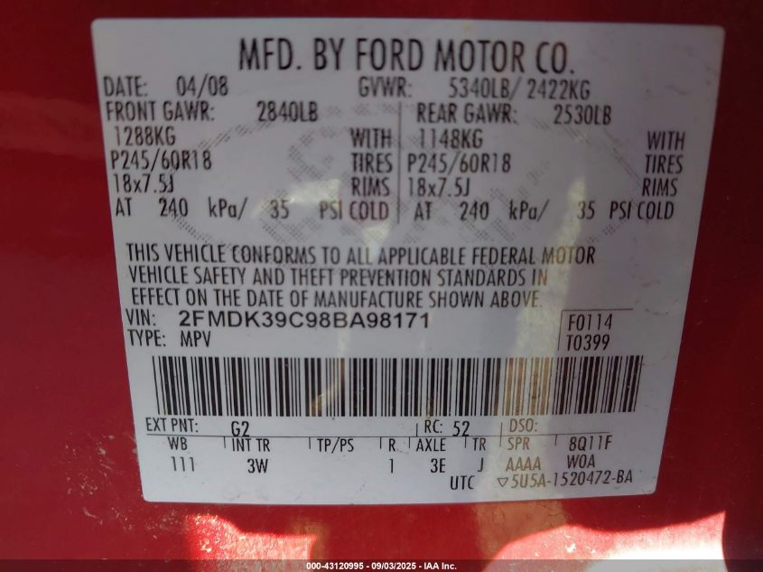 2008 Ford Edge Limited VIN: 2FMDK39C98BA98171 Lot: 43120995