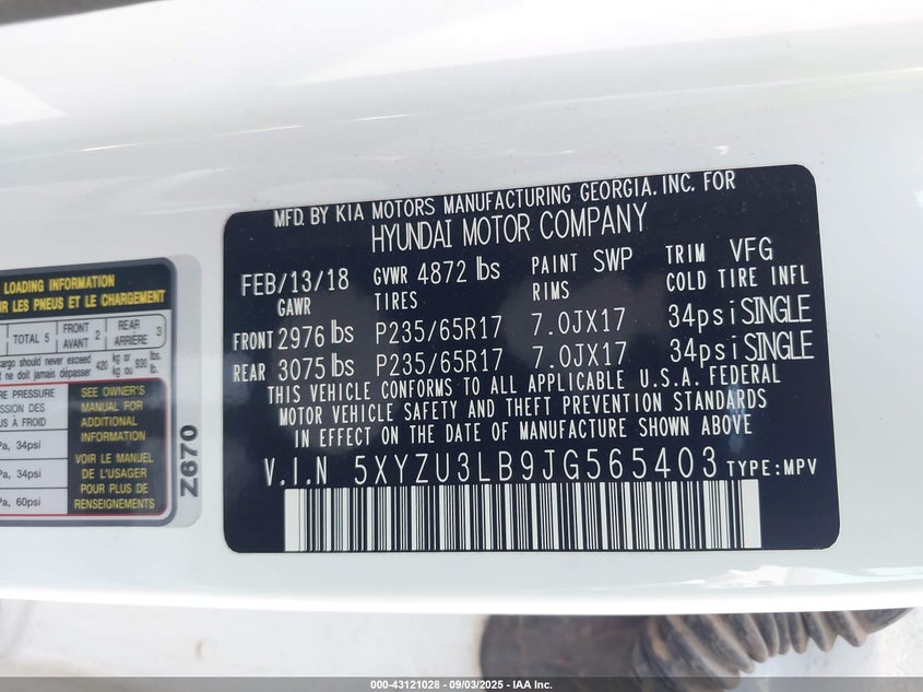 2018 Hyundai Santa Fe Sport 2.4L VIN: 5XYZU3LB9JG565403 Lot: 43121028