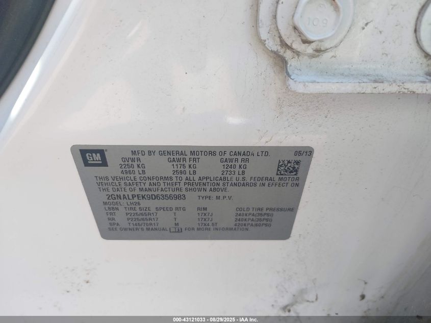 2013 Chevrolet Equinox 2Lt VIN: 2GNALPEK9D6356983 Lot: 43121033
