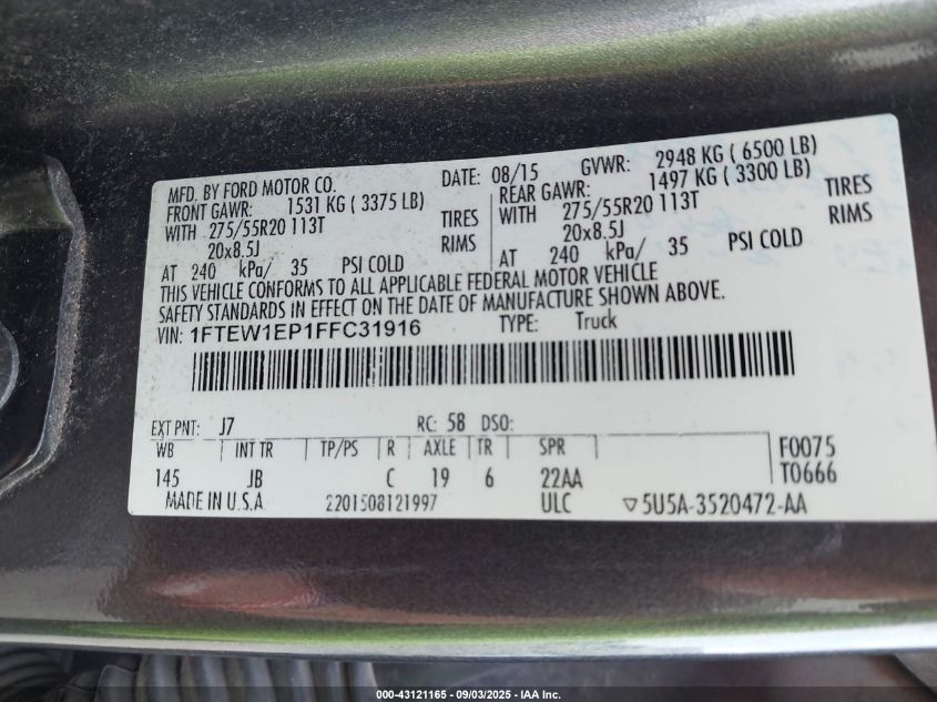 2015 Ford F-150 Xlt VIN: 1FTEW1EP1FFC31916 Lot: 43121165