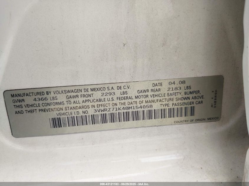 2008 Volkswagen Jetta Se VIN: 3VWRZ71K48M154058 Lot: 43121183