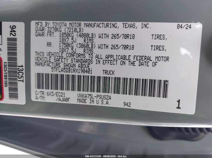 2024 Toyota Tundra Sr5 4Wd VIN: 5TFLA5DB1RX190401 Lot: 43121230