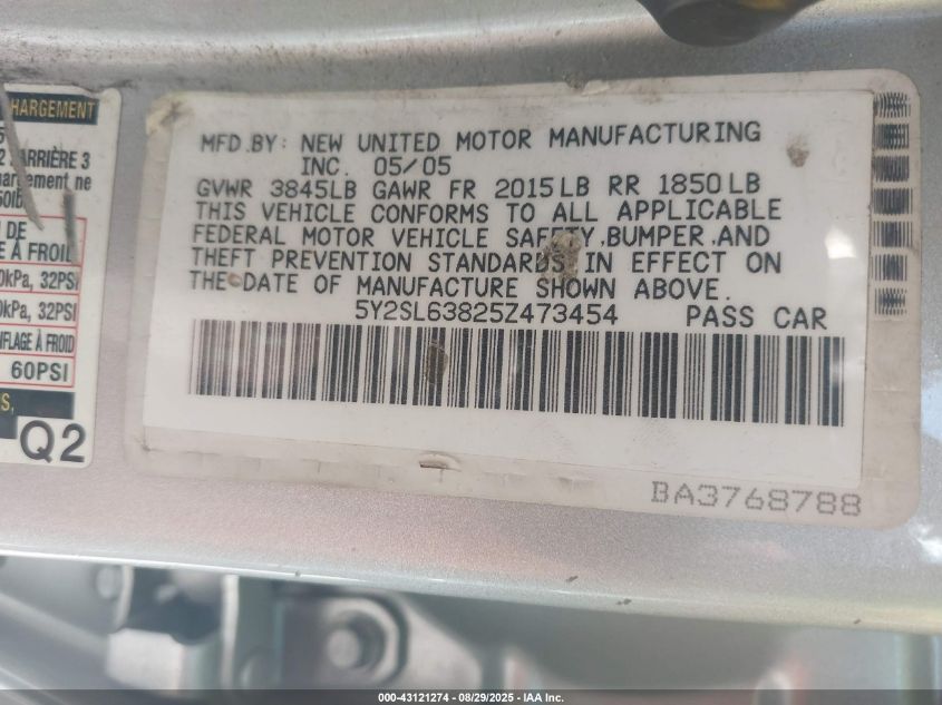 2005 Pontiac Vibe VIN: 5Y2SL63825Z473454 Lot: 43121274