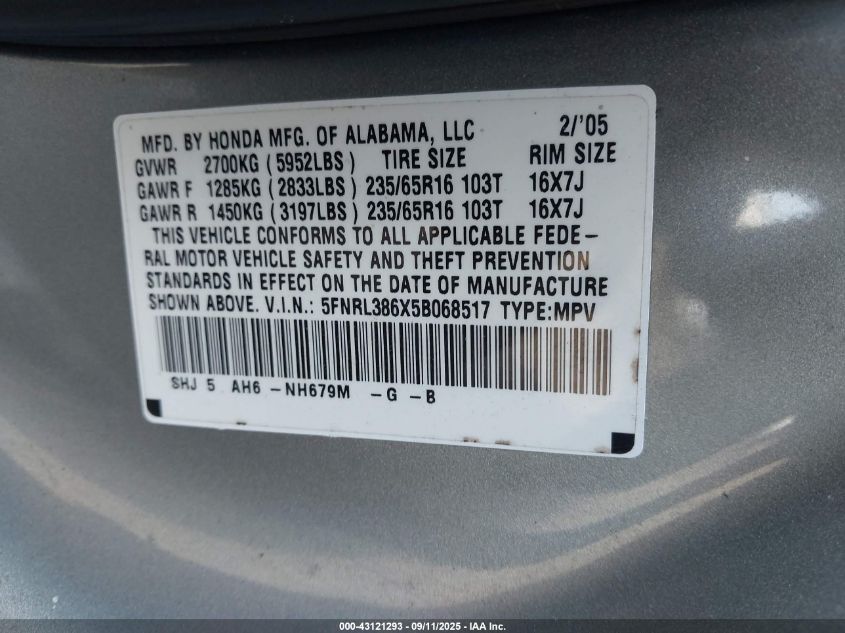 2005 Honda Odyssey Ex-L VIN: 5FNRL386X5B068517 Lot: 43121293