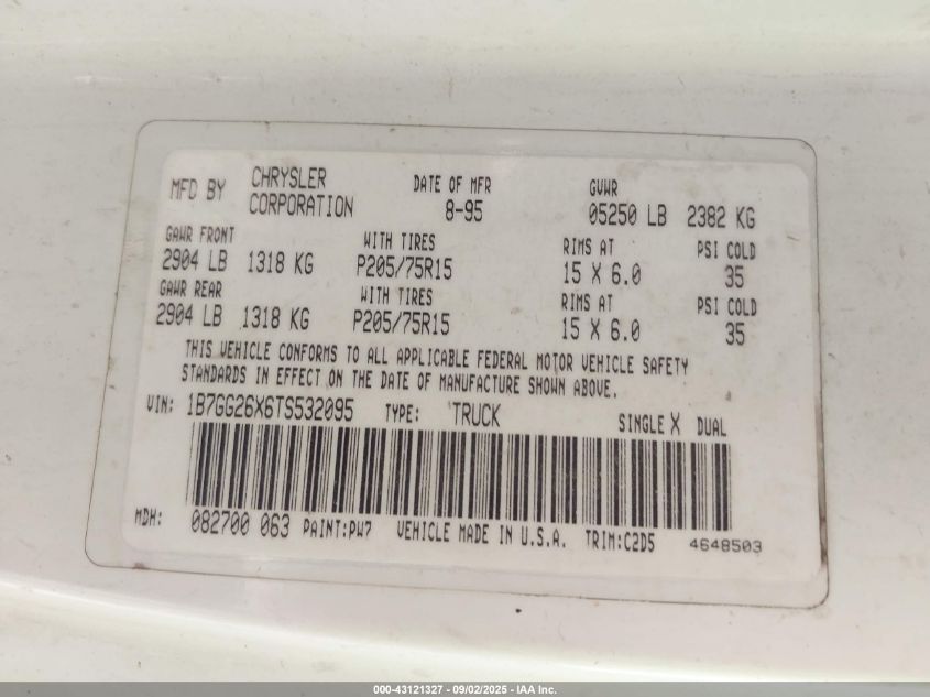 1996 Dodge Dakota VIN: 1B7GG26X6TS532095 Lot: 43121327