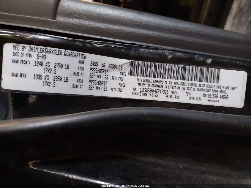 2004 Jeep Grand Cherokee Limited VIN: 1J8GW58N44C247335 Lot: 43121353