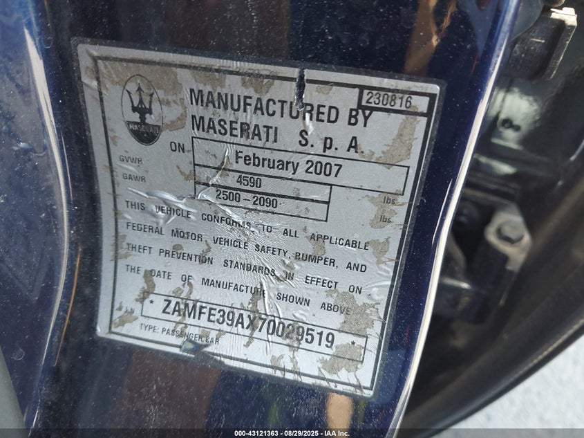 2007 Maserati Quattroporte Base Automatic/Executive Gt Automatic/Sport Gt Automatic VIN: ZAMFE39AX70029519 Lot: 43121363
