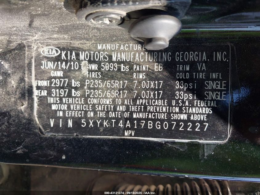 2011 Kia Sorento Lx VIN: 5XYKT4A17BG072227 Lot: 43121374