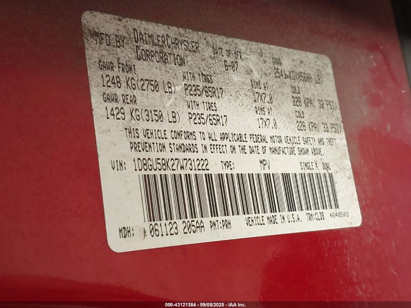 2007 Dodge Nitro Slt/Rt VIN: 1D8GU58K27W731222 Lot: 43121384