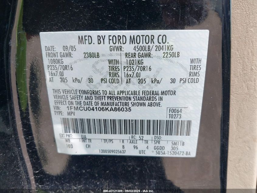 2006 Ford Escape Limited VIN: 1FMCU04106KA86035 Lot: 43121389