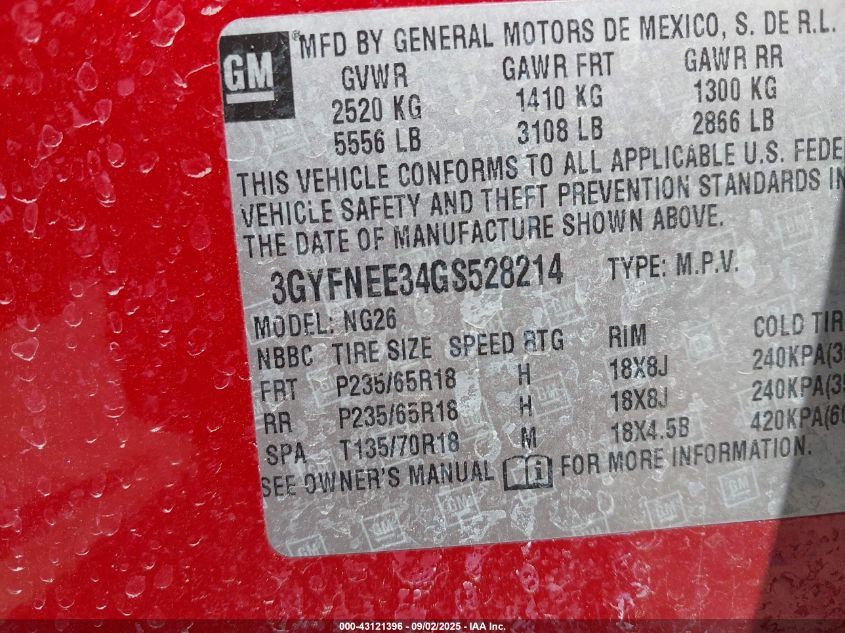 2016 Cadillac Srx Luxury Collection VIN: 3GYFNEE34GS528214 Lot: 43121396