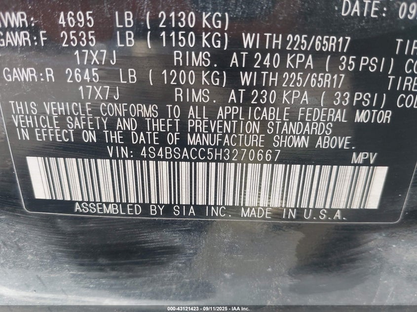 2017 SUBARU OUTBACK 2.5I PREMIUM - 4S4BSACC5H3270667