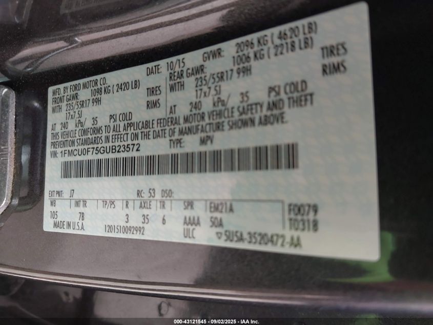 2016 Ford Escape S VIN: 1FMCU0F75GUB23572 Lot: 43121545