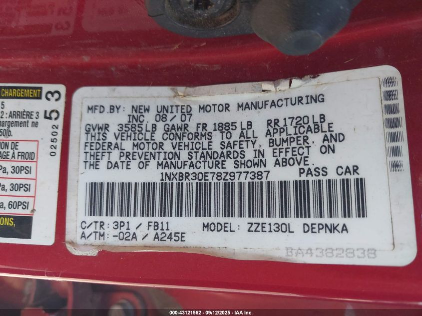 2008 Toyota Corolla Le VIN: 1NXBR30E78Z977387 Lot: 43121562