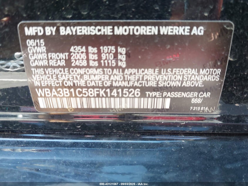 2015 BMW 320I - WBA3B1C58FK141526