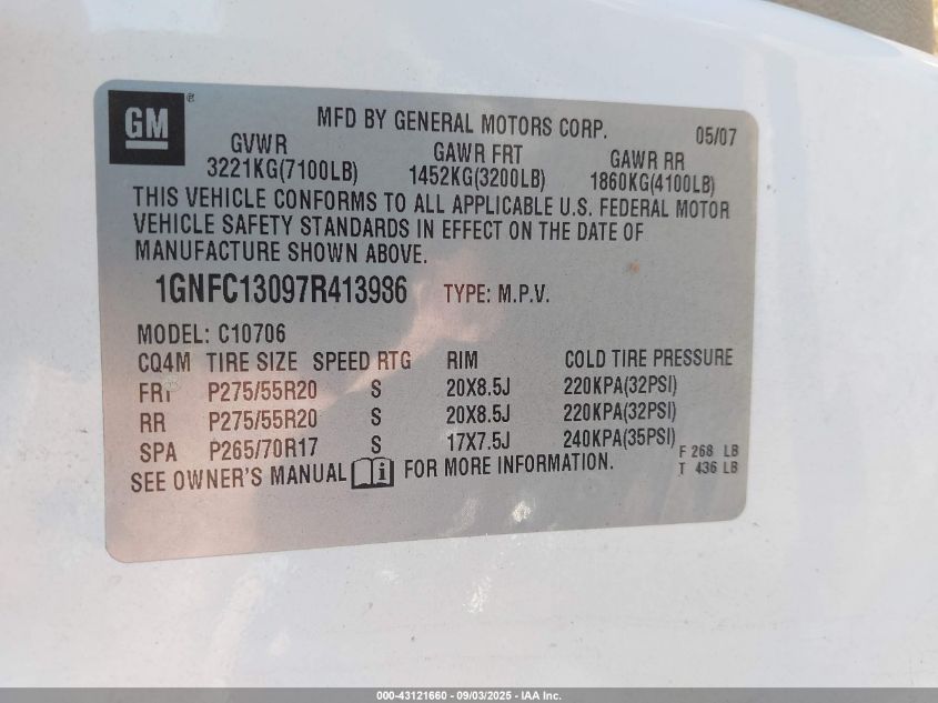 2007 Chevrolet Tahoe Ltz VIN: 1GNFC13097R413986 Lot: 43121660