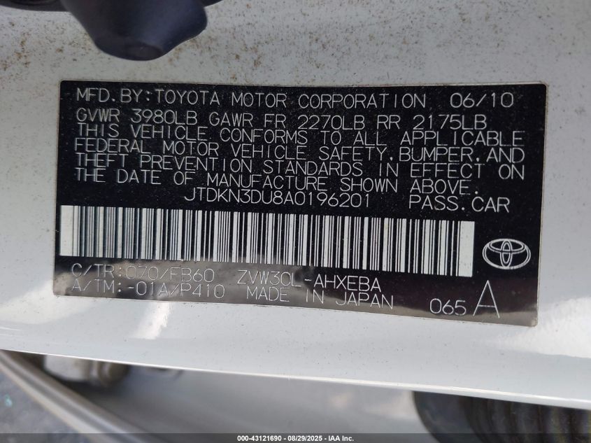 2010 Toyota Prius Ii VIN: JTDKN3DU8A0196201 Lot: 43121690