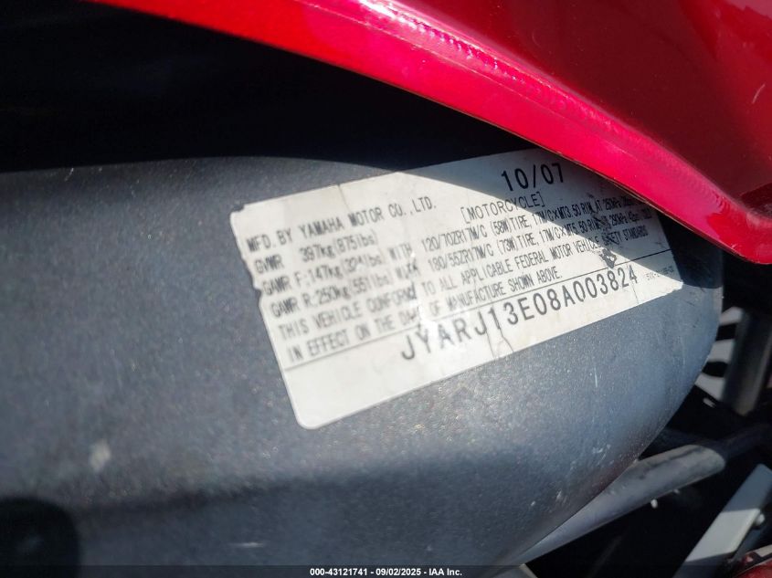 2008 Yamaha Fz6 Shg VIN: JYARJ13E08A003824 Lot: 43121741