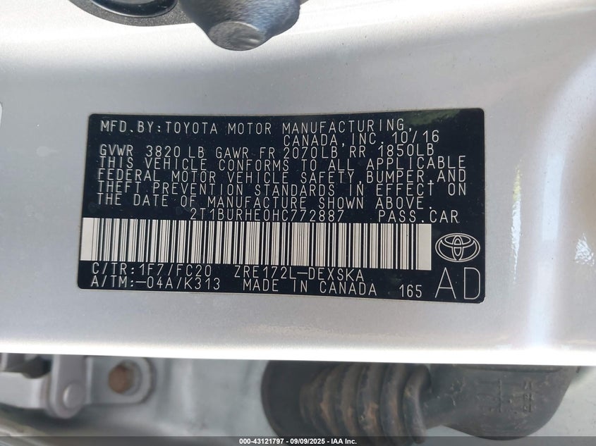 2017 Toyota Corolla Se VIN: 2T1BURHE0HC772887 Lot: 43121797